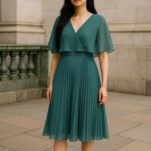 ASOS Dresses & Skirts - NWT ASOS Women's Cocktail Dress Green Pleated Skirt Fluttered Sleeve Size 8